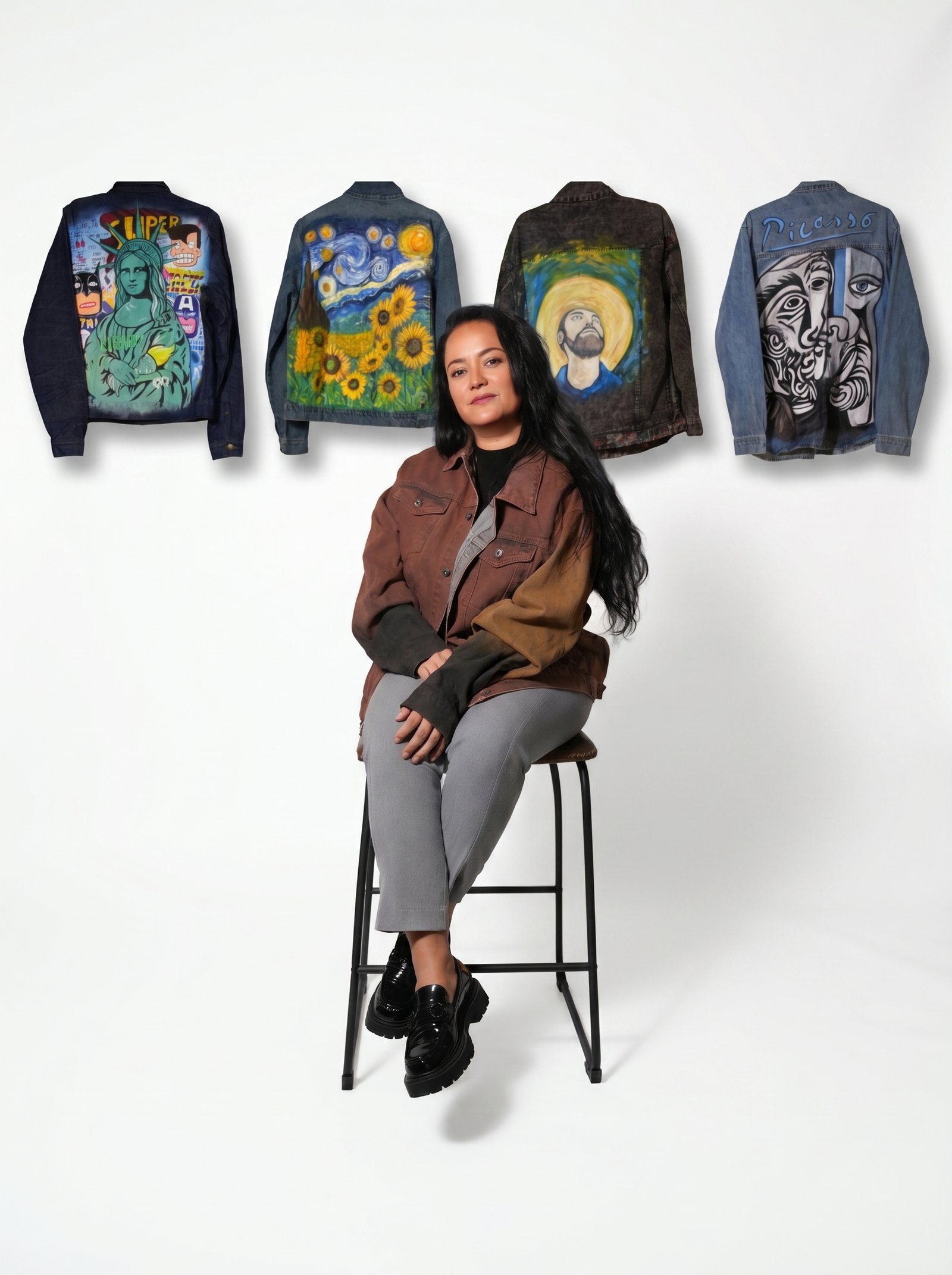 Sara, Colombian artist, seated before her hand painted jackets